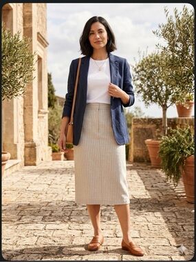 Banana Republic LINEN-BLEND cream blue pinstriped MIDI SKIRT Sz 16 plus